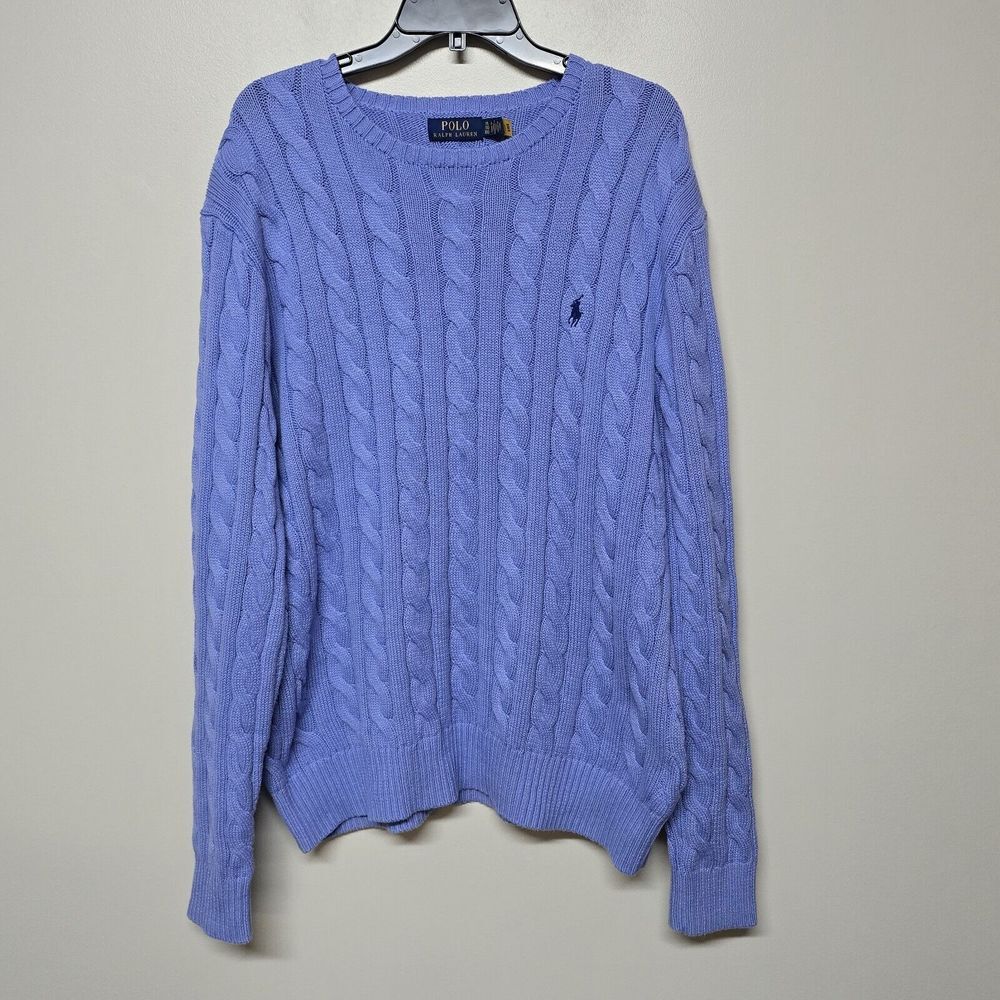 Polo Ralph Lauren Mens Purple Cable Knit Crewneck Jumper Sweater‎ Sz XL Preppy